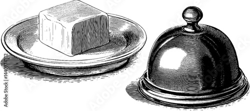 Engraved butter dish set with lid and butter block illustration