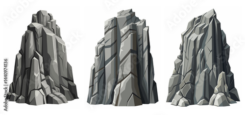 Mountain peak grey stone set. Big rock cartoon cliff. Cliff game objects. Boulder, stones, rocks, mountain peak relief. 2d rock asset. Mountain grey stones. Vector grey rock stone, isolated on white