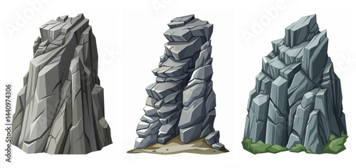 Mountain peak grey stone set. Big rock cartoon cliff. Cliff game objects. Boulder, stones, rocks, mountain peak relief. 2d rock asset. Mountain grey stones. Vector grey rock stone, isolated on white