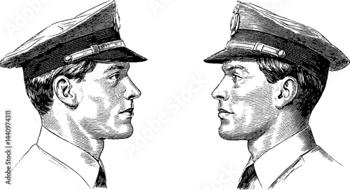 Engraved portraits of immigration officer in uniform - vintage art for historical design