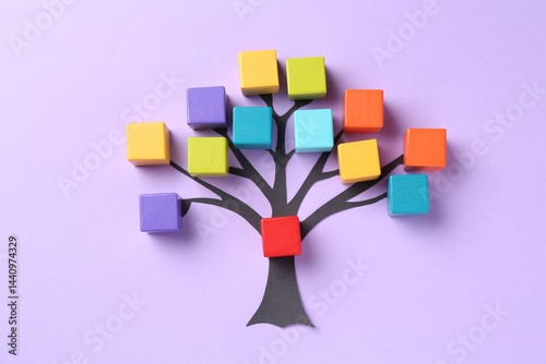 Family tree made with colorful cubes on lilac background, top view