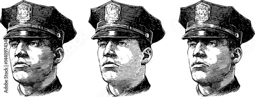 Vintage engraved illustrations of police officers in uniform for historical art and design projects