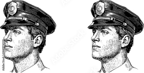 Engraved illustration set featuring a police officer in profile view for design and print projects