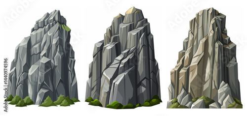 Mountain peak grey stone set. Big rock cartoon cliff. Cliff game objects. Boulder, stones, rocks, mountain peak relief. 2d rock asset. Mountain grey stones. Vector grey rock stone, isolated on white