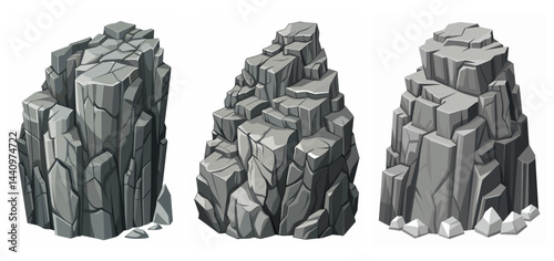 Mountain peak grey stone set. Big rock cartoon cliff. Cliff game objects. Boulder, stones, rocks, mountain peak relief. 2d rock asset. Mountain grey stones. Vector grey rock stone, isolated on white