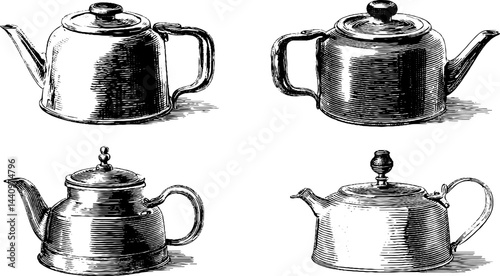 Vintage engraved tea kettle collection for kitchen decor and design projects