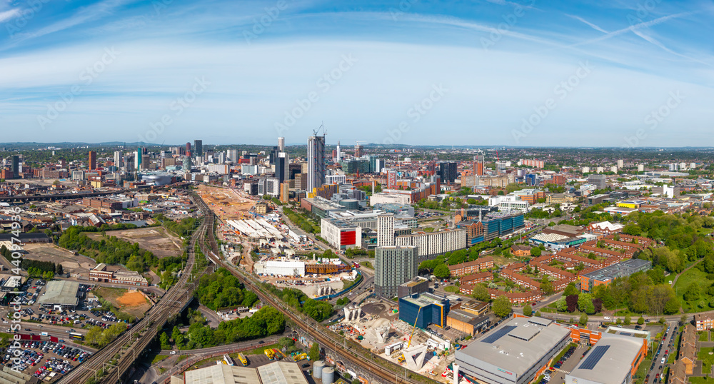 Fototapeta premium Aerial view of a Birmingham cityscape skyline and HS2 construction site