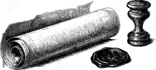 Vintage engraved parchment scroll and wax seal with stamp design for historical documents