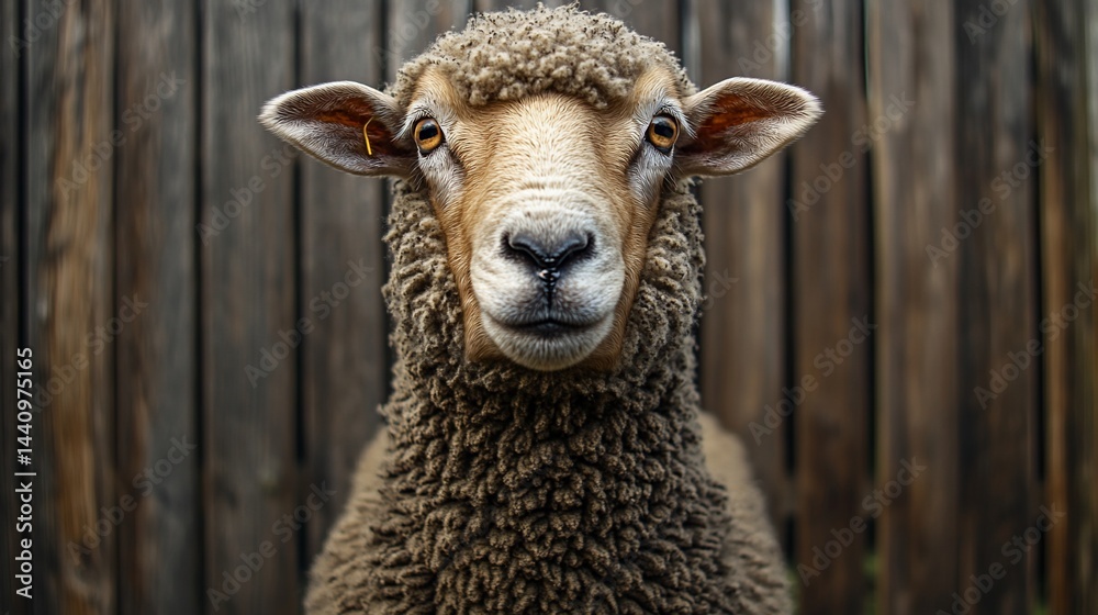 Obraz premium Sheep stares intensely against a wooden fence in a rural farm background