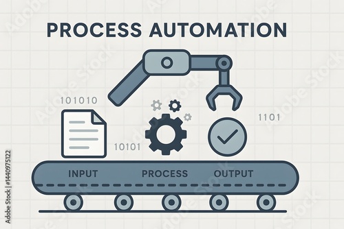 Creative concept illustration depicting automated workflow processes from input to successful output using robotics, gears, and digital elements for business efficiency.