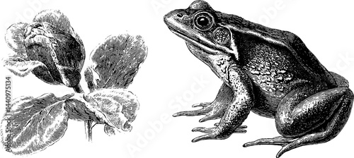 Engraved botanical and amphibian illustrations for artistic design and nature themes