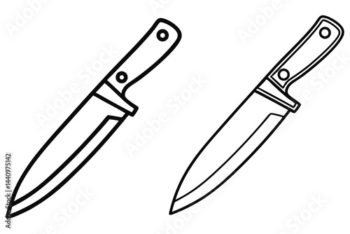 Two sharp chef knives with black outline and handles on transparent background