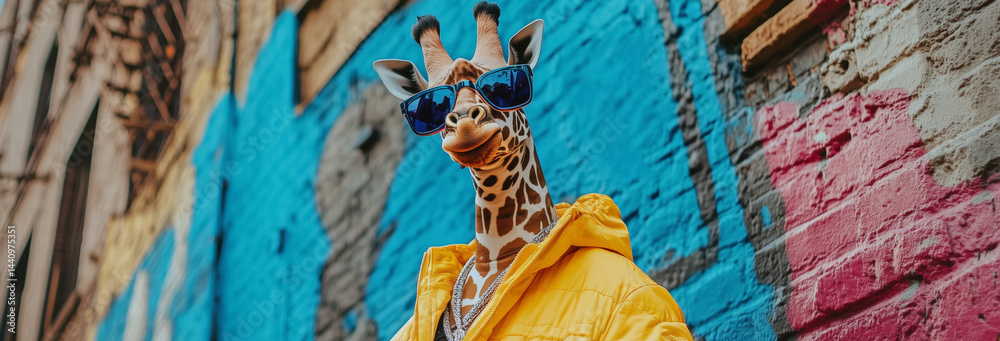 stunning photo of a badasss rapper giraffe in tracksuit and sunglasses, rapping on the colorful dirty hood