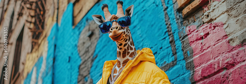 Obraz na płótnie stunning photo of a badasss rapper giraffe in tracksuit and sunglasses, rapping on the colorful dirty hood w salonie
