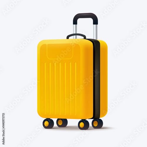 Yellow suitcase with wheels isolated on white. Travel luggage illustration in 3d style. Ideal for travel-related designs, blogs, promotional materials. Vector eps 10