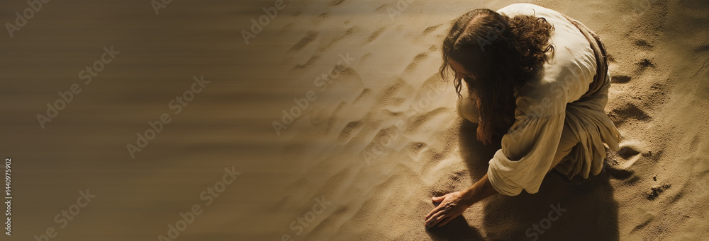 Jesus bent down writing something on the smooth sand floor