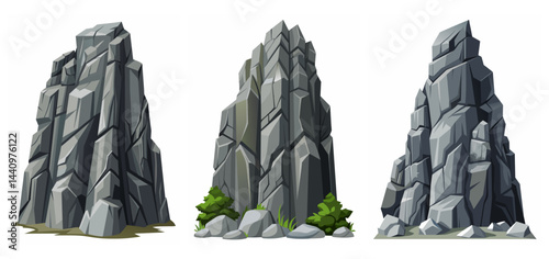 Mountain peak grey stone set. Big rock cartoon cliff. Cliff game objects. Boulder, stones, rocks, mountain peak relief. 2d rock asset. Mountain grey stones. Vector grey rock stone, isolated on white