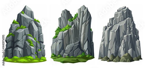 Mountain peak grey stone set. Big rock cartoon cliff. Cliff game objects. Boulder, stones, rocks, mountain peak relief. 2d rock asset. Mountain grey stones. Vector grey rock stone, isolated on white