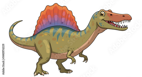 Cartoon Spinosaurus With A Cheerful Expression In Vector Art Style Over A White Background