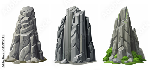 Mountain peak grey stone set. Big rock cartoon cliff. Cliff game objects. Boulder, stones, rocks, mountain peak relief. 2d rock asset. Mountain grey stones. Vector grey rock stone, isolated on white