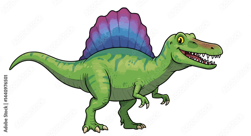 Fototapeta premium Friendly Green Spinosaurus Dinosaur Smiles With Its Colorful Purple Fin In A Vector Illustration