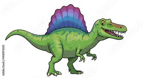 Friendly Green Spinosaurus Dinosaur Smiles With Its Colorful Purple Fin In A Vector Illustration