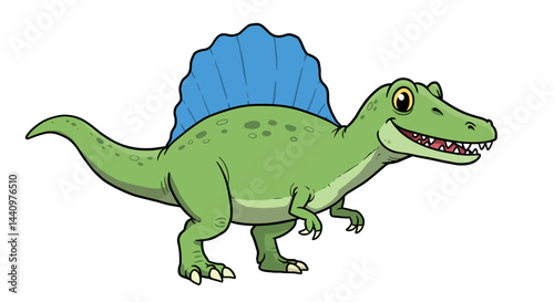 Friendly Green Spinosaurus With A Blue Sail Smiles Cheerfully In A Colorful Vector Cartoon Design