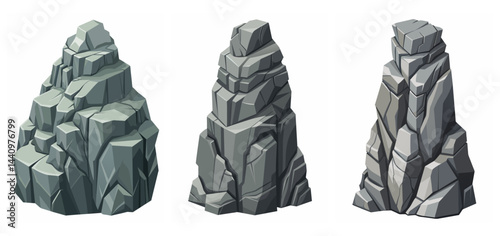 Mountain peak grey stone set. Big rock cartoon cliff. Cliff game objects. Boulder, stones, rocks, mountain peak relief. 2d rock asset. Mountain grey stones. Vector grey rock stone, isolated on white