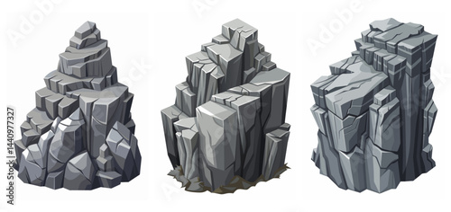 Mountain peak grey stone set. Big rock cartoon cliff. Cliff game objects. Boulder, stones, rocks, mountain peak relief. 2d rock asset. Mountain grey stones. Vector grey rock stone, isolated on white