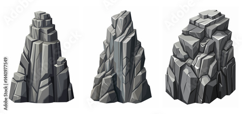 Mountain peak grey stone set. Big rock cartoon cliff. Cliff game objects. Boulder, stones, rocks, mountain peak relief. 2d rock asset. Mountain grey stones. Vector grey rock stone, isolated on white