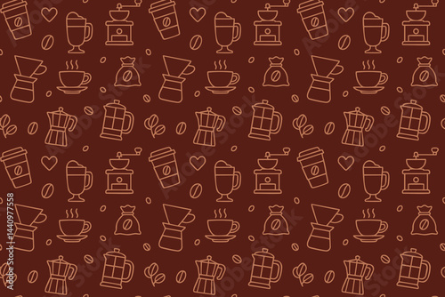 Seamless pattern with coffee cups, grinders, beans and brewing equipment on brown background