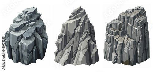 Mountain peak grey stone set. Big rock cartoon cliff. Cliff game objects. Boulder, stones, rocks, mountain peak relief. 2d rock asset. Mountain grey stones. Vector grey rock stone, isolated on white
