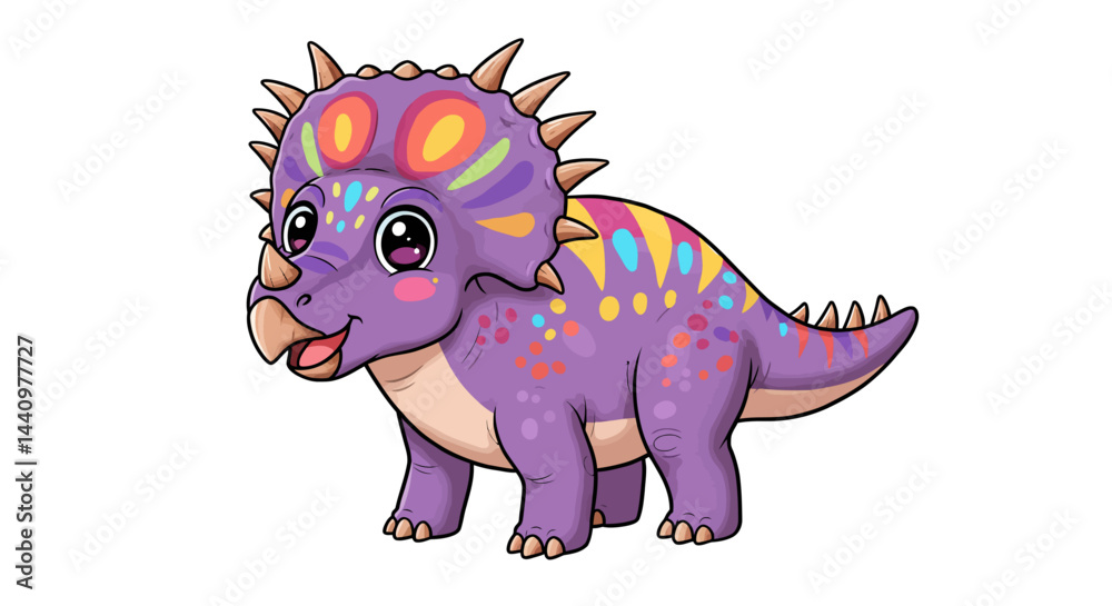 Fototapeta premium Adorable Vector Triceratops Illustration In Purple With Colorful Pattern Creating A Cute Mood
