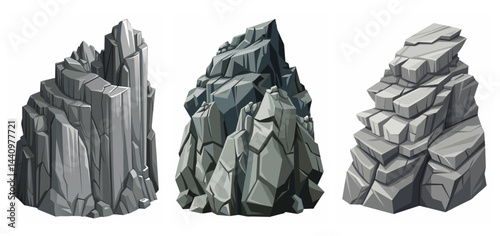 Mountain peak grey stone set. Big rock cartoon cliff. Cliff game objects. Boulder, stones, rocks, mountain peak relief. 2d rock asset. Mountain grey stones. Vector grey rock stone, isolated on white