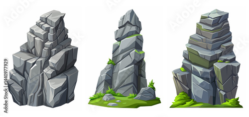 Mountain peak grey stone set. Big rock cartoon cliff. Cliff game objects. Boulder, stones, rocks, mountain peak relief. 2d rock asset. Mountain grey stones. Vector grey rock stone, isolated on white