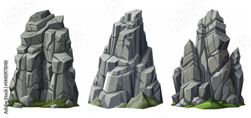 Mountain peak grey stone set. Big rock cartoon cliff. Cliff game objects. Boulder, stones, rocks, mountain peak relief. 2d rock asset. Mountain grey stones. Vector grey rock stone, isolated on white