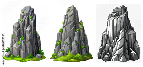 Mountain peak grey stone set. Big rock cartoon cliff. Cliff game objects. Boulder, stones, rocks, mountain peak relief. 2d rock asset. Mountain grey stones. Vector grey rock stone, isolated on white