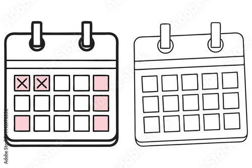 Two Sketch Calendars Marked with Crosses and Selected Dates, Isolated on White