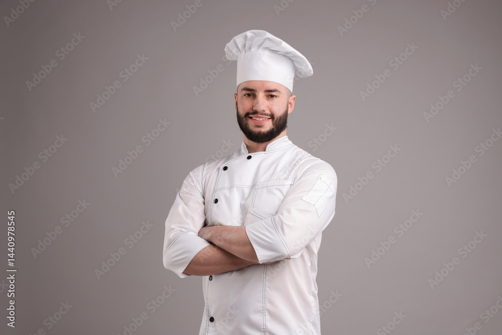 Portrait of confectioner in uniform with crossed arms on light grey background Portrait of confectioner in uniform with crossed arms on light grey background