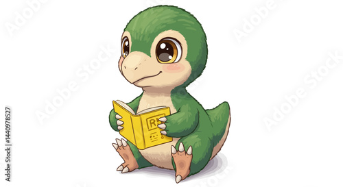 A Charming Cartoon Troodon Dinosaur Engrossed In Reading A Blue Book With A Gentle Expression