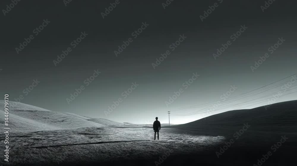 Solitary figure stands in a vast, desolate landscape during twilight hours Solitary figure stands in a vast, desolate landscape during twilight hours