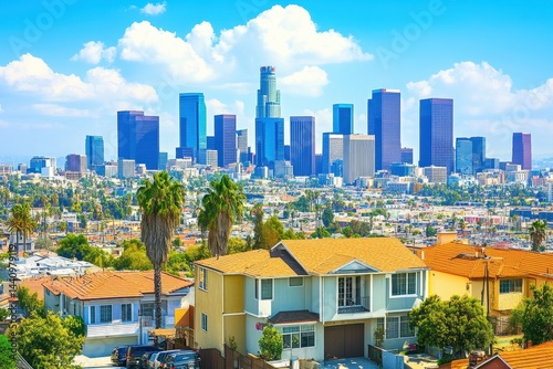 Vibrant aerial view of central Los Angeles showcasing urban skyline and residential neighborhoods, Aerial cityscape view central Los Angeles urban neighborhood