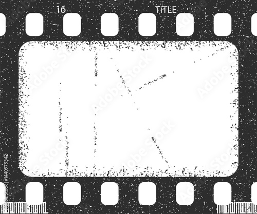 Single film strip frame template with empty slot, vintage cinema reel with grunge grain noisy texture, scratches for collage design Modern retro vector illustration isolated on transparent background 