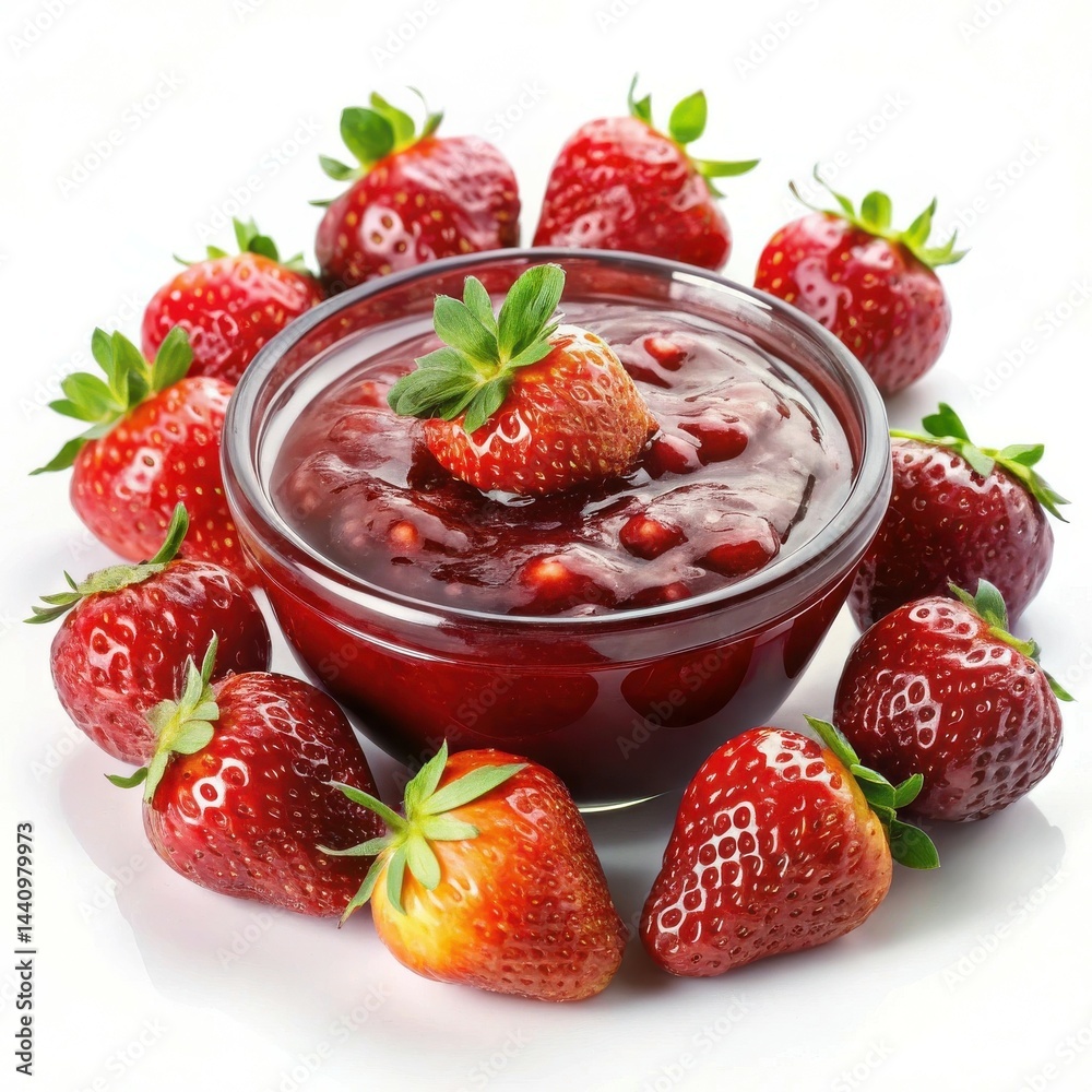 Fresh Strawberry Jam In Glass Bowl Surrounded By Ripe Strawberries