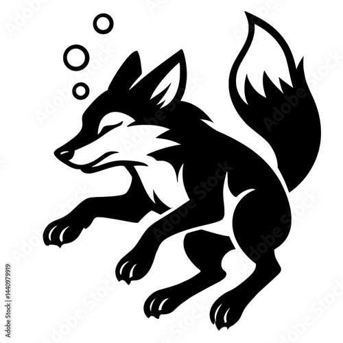 Detailed Fox Animal Swimming Underwater Illustration with Bubbles - Black and White for Nature, Wildlife, Water, or Graphic Themes