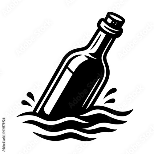 Message in a Bottle Illustration Splashing in Water - Black and White for Communication, Ocean, Hope, or Graphic Themes