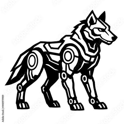 Robotic Wolf Illustration Mechanical Cyborg Animal - Black and White for Technology, Sci-Fi, Animals, or Graphic Themes