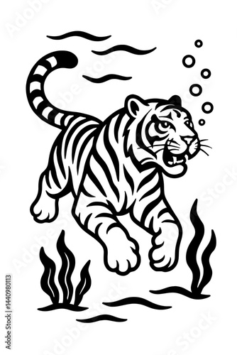 Wallpaper Mural Detailed Tiger Animal Swimming Underwater Illustration - Black and White for Nature, Wildlife, Sports, or Graphic Themes Torontodigital.ca