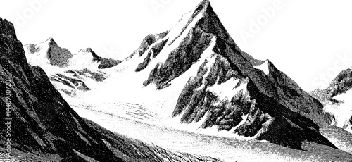 Engraved vintage illustration of a glacier mountain landscape. Detailed black and white sketch