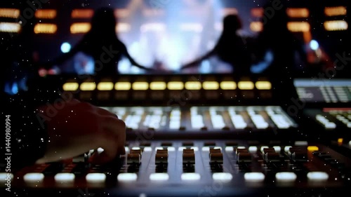 Adjusting Audio Mixer Sound Engineering at Night Music Event